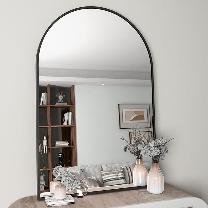 Wall Mounted Mirror, Arched Wall Mirror for Bathroom, 24"x36" Arch Bathroom Mirror with Metal Frame, Black Vanity Mirror Decor for Mantle, Bedroom, Entryway, Living Room