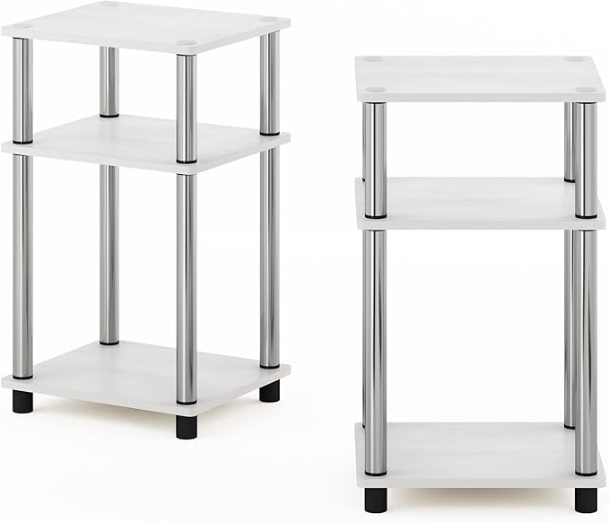 Furinno JUST Side Table Set of 2, 3-Tier Modern End Tables, Open Shelves Night Stand, Nightstand Set, Toolless Assembly, for Living Room, Bedroom, White Oak/Stainless Steel