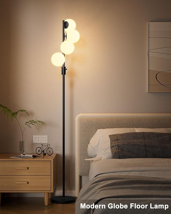 Lightdot 64IN Dimmable Globe Floor Lamp, Black Standing Lamps with 4PCS 3000K Bulbs Included, Mid Century Modern Floor Lamp with 5Lbs Heavy Base for Living Room/Sofa Beside/Corner Decor