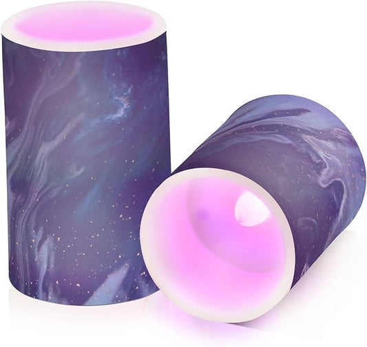 ALAZA Beautiful Navy Blue Marble Flickering Flameless Candles Battery Operated with Remote Timer,Tea Light Candles LED Pillar Votive Candles Set of 2 for Outdoor Indoor Decorations