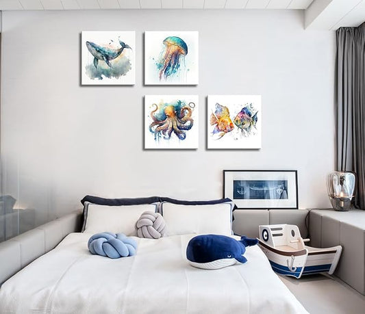 Colorful Marine Life Canvas Wall Art for Bathroom Decor, Green Jellyfish Picture Print, Watercolor Fish Artwork Sea Life Blue Orange Octopus Painting Poster for Bedroom Living Room Decoration 12"x12"