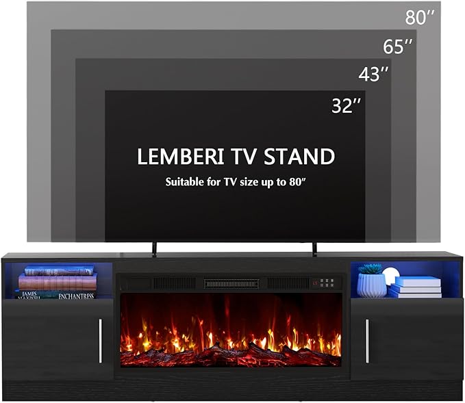 LEMBERI Fireplace tv Stand with 36 inch Fireplace Up to 80" TVs,LED Light Entertainment Center and Storage, 70" Modern Wood Media TV Console with Highlight Cabinet for Living Room (Black)