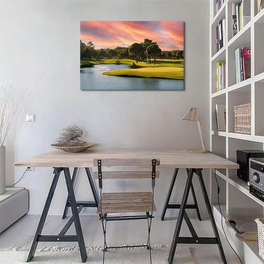 Sunset Golf Course Wall Art for Living Room Bedroom Bathroom Home Decorations Golf Course Picture Poster Print on Canvas Modern Artwork Framed Ready to Hang(18''H x 24''W)