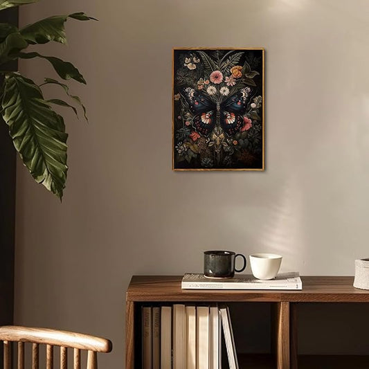 Framed Vintage Butterfly Wall Art Dark Academia Flower Insect Pictures Wall Decor Gothic Paintings Botanical Prints Canvas Artwork for Living Room Bedroom 8x10in
