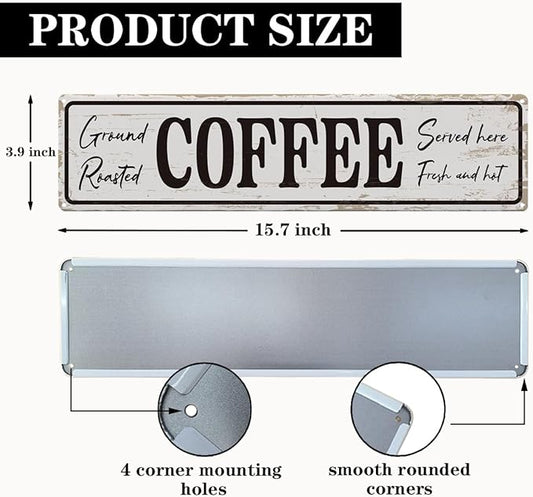 Coffee Signs for Coffees Corner Decor, Ground Roasted Coffee Served Here Sign, Retro Metal Tin Sign, Farmhouse Kitchen Wall Decor, Cafe Decoration, Decorative Metal Wall Signs 15.8x4 Inches