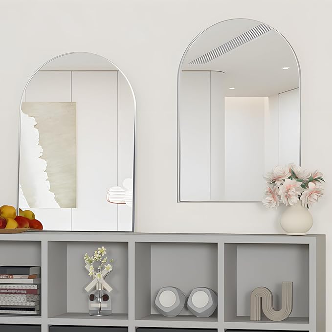 Wall Mounted Mirror, Arched Wall Mirror for Bathroom, 20"x30" Arch Bathroom Mirror with Metal Frame, 2 Pieces Silver Vanity Mirror Decor for Mantle, Bedroom, Entryway