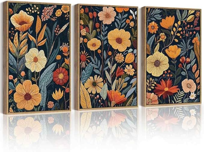 PHOPAGO Vintage Flower Framed Wall Art Large 16x24in Boho Colorful Floral Wall Decor Retro Botanical Wildflower Modern Art Prints Living Room Bedroom Home Decor - Natural Framed