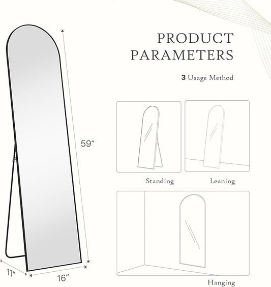 Arched Mirror Full Length, Upgraded 16"x59" Body Wall Mirrors with Shatter-Proof Glass, Floor Standing, Hanging or Leaning, Tall Mirror with Stand Aluminum Alloy Frame for Bedroom Cloakroom