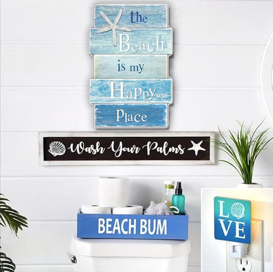 Coastal Wall Decor for Home, Beach Wall Art Wooden Hanging Sign with Starfish Element, Perfect Beach Themed Room Decor and Ocean Decor for Bathroom Bedroom Coastal Living Spaces 11.5" x 17"