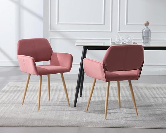 KCC Small Modern Dining Room Arm Chairs Set of 2, Mid-Century Upholstered Velvet Side Seat Club Guest with Metal Tube Legs for Kitchen, Living Room, Rose