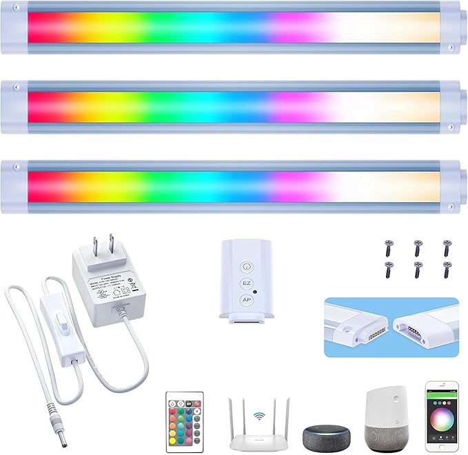 LAMPAOUS LED Under Cabinet Shelf Lighting, White and RGB Color Changing Smart Strip Light Bar, App, Voice and Remote Control Toolbox Lights Bar