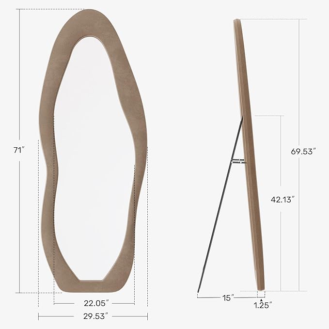 Full Length Mirror, 71"x30" Full Body Mirrors, Flannel Floor Mirrors with Stand, Irregular Wavy Mirror Hanging or Leaning Against Wall for Bedroom Living Room, Brown