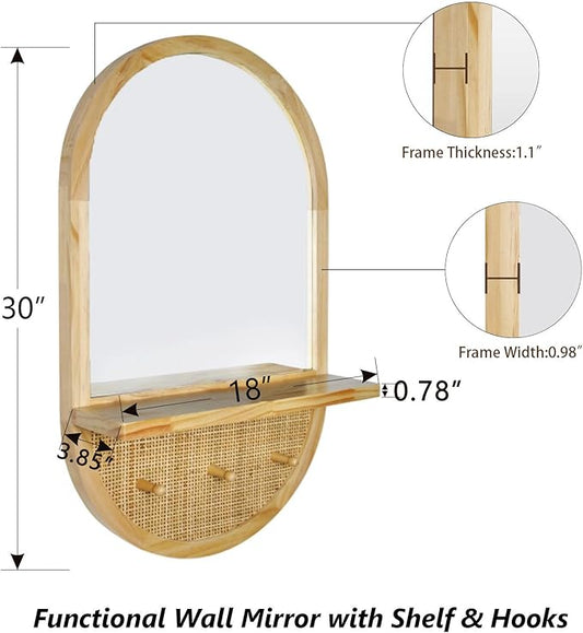 Wood Wall Mirror with Hooks, 30x18 Inch Boho Wall Mirror with Removable Shelf, Oval Solid Wood Framed, Handmade Rattan Mirror Decor Accent for Entryway, Bathroom, Nursery, Bedroom, Living Room