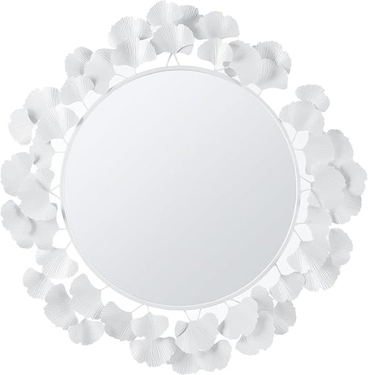 Martha Stewart Wall Décor Large Gingko Leaf Round Wall Mirror for Living Room, Iron Metal Plate Frame Antique Finish, Ready to Hang Bedroom Decoration, Eden, 30.5", White