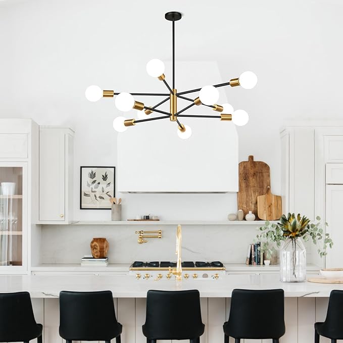 10.9"-52.3" Height Adjustable Modern Chandelier Ceiling Light Fixture, 10-Light Sputnik Chandeliers Brushed Gold and Black Dining Room Light Fixture, Chandeliers for Dining Room (Bulbs Not Included)
