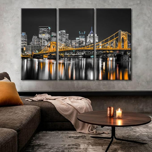 TUMOVO Pittsburgh Pennsylvania Cityscape Home Decor Art Prints Ninth Street Bridge Allegheny River Pictures Bathroom Decor Wall Art 3 Panel Artwork Framed Ready to Hang (60" Wx40 H)