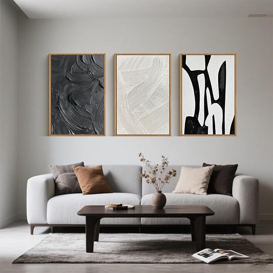 Black and White Abstract Framed Canvas Wall Art Set, Modern Textured Brushstroke Wall Decor,Neutral Minimalist Line Art Print for Living Room,Bedroom,Dining Room, Office-16 x24 x3