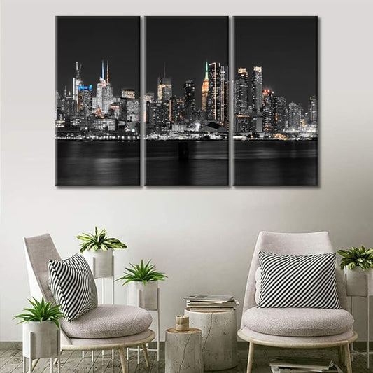 TUMOVO New York City NY USA Skyline Bathroom Decor Wall Art 3 Piece Hudson River Skyscrapers Nighttime Lightscape Black and White Wall Art Posters and Prints Framed Ready to Hang (36" Wx24 H)