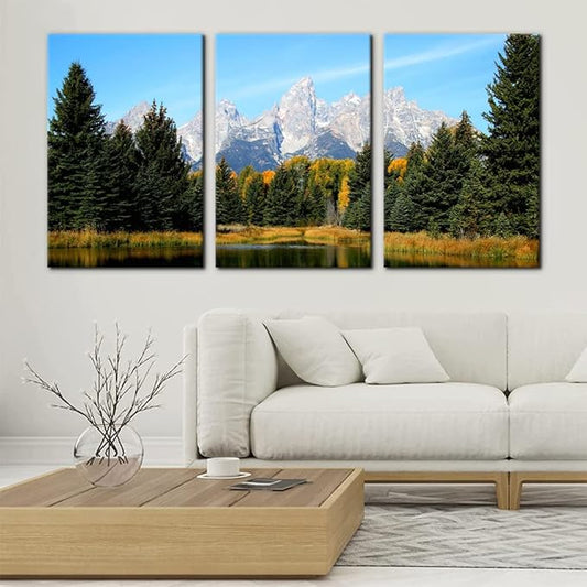 Pacimo 3 Pieces Canvas Art Wall Decor Grand Teton National Park Pictures Natural Landscape Painting Pond Prints on Canvas Modern Artwork Stretched and Framed Ready to Hang - 16"x24"x3 Panels