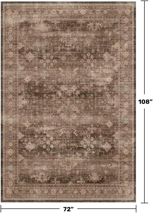 Hazo Haus Taupe Brown Living Room Rug 6x9 - Vintage Traditional Eclectic Unique Neutral, Washable Low Pile Non-Slip Large Area Rugs for Dining Under Table Bedroom Lounge