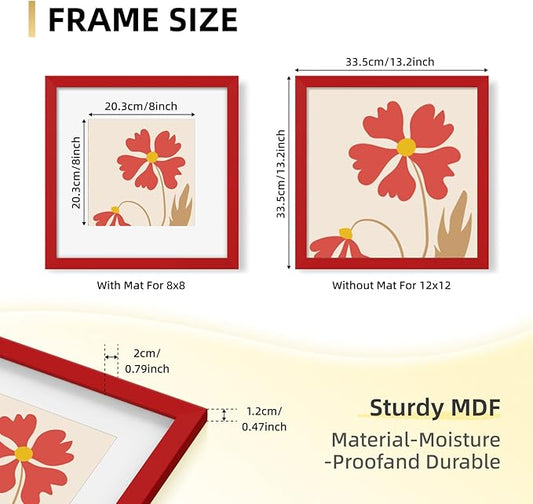 YESKAY 12x12 Picture Frame Set of 9, Photo Gallery Wall Frame Set, Display Pictures 8x8 with Mat or 12 x 12 Without Mat, Square Frame Picture Frames Collage Wall Decor, Red