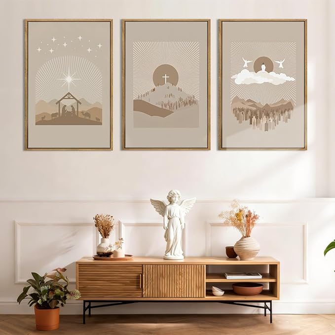 IARTTOP Jesus Christian God Framed Wall Art Large 16x24 Inch Nativity Religious Canvas Wall Decor Grey Brown Catholic Artwork for Church Living room Dining room Set of 3