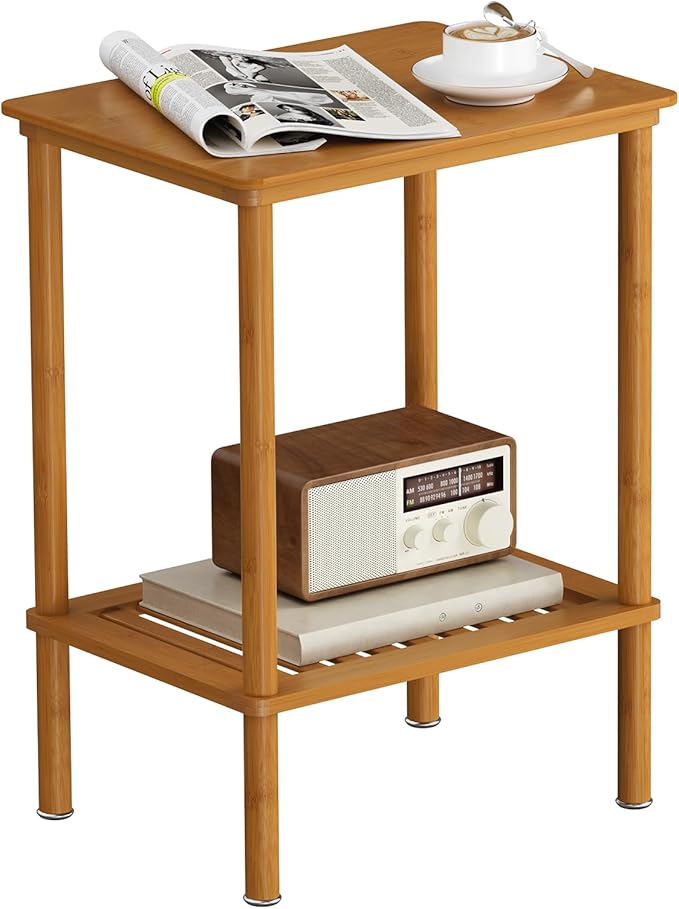 2-Tier Small Side Table, Narrow Entryway Table, Bedside End Table, Bamboo Night Stand with Storage Shelf, Sofa Side Table, Boho Accent Table for Small Space, Living Room, Bedroom, Walnut