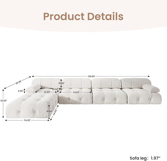 138'' Modular Sectional Couch, L-Shaped Velvet Sofa with Reversible Chaise Ottoman, Minimalist Bubble Couch, Modern Cloud Sectional Couches for Living Room, Apartment (4 Seats, 1 Ottoman, Beige)