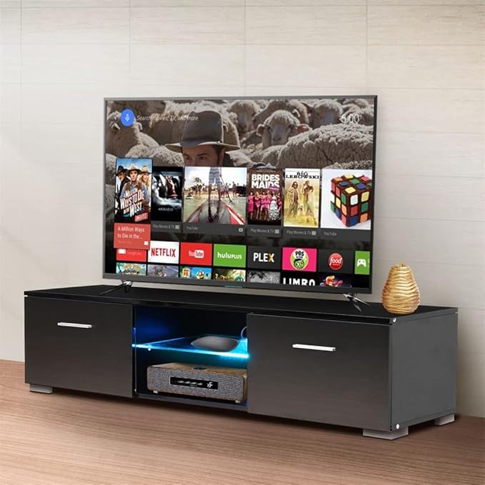 LED TV Tables for Living Room 57 Inch TV Cabinet Stands Modern Furniture TV Unit Bracket with 2 Drawers and Glass Shelves (Color : Black) (Black)