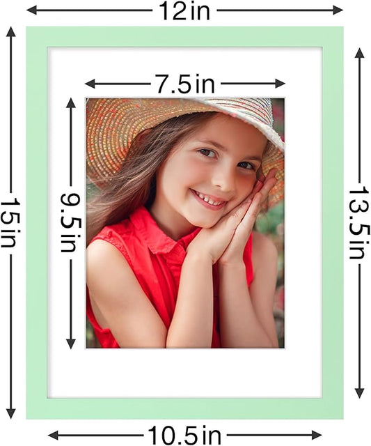 Vittanly 11x14 Picture Frames Set of 9, Shatter Resistant Plexiglass, Display 8x10 Pictures with Mat or 11x14 without Mat, Photo Frames for Wall or Tabletop, Engineered Wood, Light Green