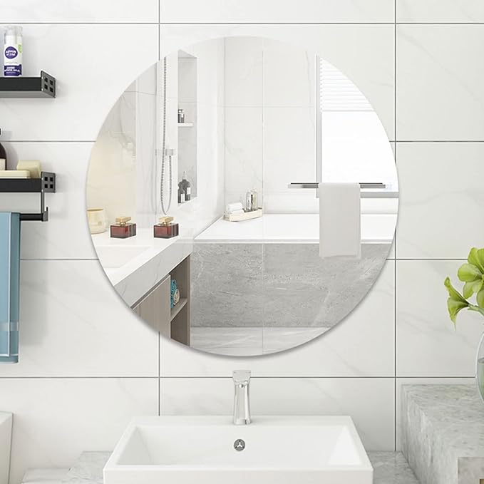 12 inch Glass Round Mirror with Adhesive Tapes, Frameless Wall Mounted Circle Mirror for Wall Door Home Bathroom Bedroom Living Room Decor