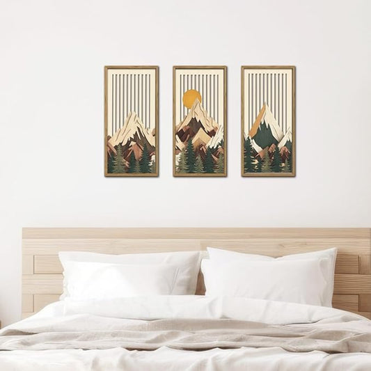 IARTTOP Mountain Sunrise Wall Art Set of 3 Framed Modern Mountain Landscape Decor Forest Pine Tree Wall Decor Nature Wilderness Art Prints for Living Room Bedroom Office 8 x16 Inch