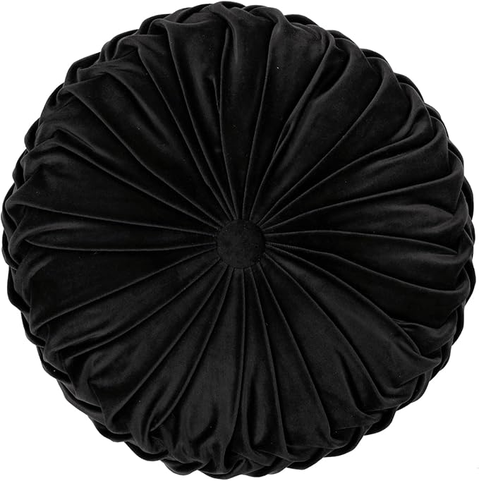 Lush Decor Round Pleated Soft Velvet Decorative Throw Pillow, 1 Count, 15" Diameter, Black - Plush Round Pillow, Seat Cushion, Decorative Pillows for Bed, Couch, Or Chair (Pack of 2)