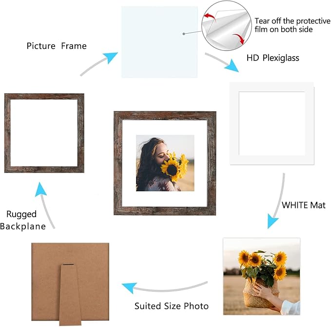8x8 Picture Frame Distressed Rustic Brown Wood Set of 6,Display Pictures 5x5 with Mat or 8x8 Without Mat,Multi Photo Frames Collage for Wall or Tabletop Display