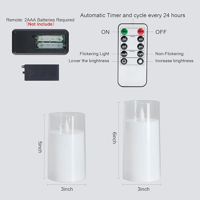 Amagic White Flameless Candles with Remote and Timer, Realistic Flickering Battery Operated Acrylic Led Pillar Fake Candles for Home Wedding Party Fall Christmas Decor, 3"×5" 5" 5" 6" 6" 6" Set of 6