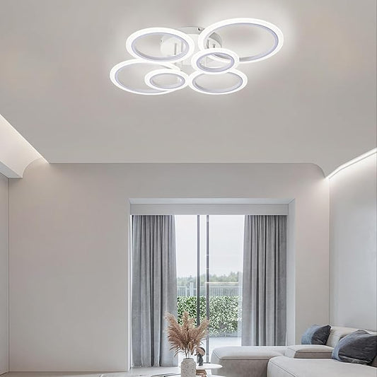 Modern LED Flush Mount Ceiling Light, 6 Rings White Close to Ceiling Light Fixtures, Living Room Lighting Fixture Ceiling Lamp for Kitchen, Bedroom, Laundry Room, 4000K Not Dimmable