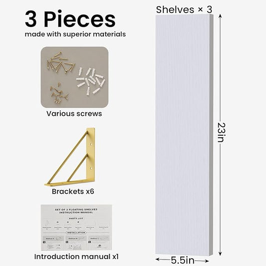 BAYKA Wall Shelves for Bedroom Decor, Floating Shelves for Living Room Kitchen Storage, Wall Mounted Rustic Wood Shelves for Kids Books,Corner Shelves for Bathroom(White and Gold,23in,Set of 3)