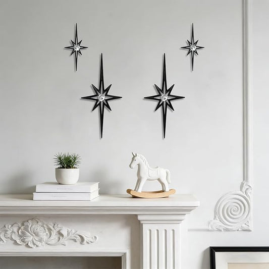 sxnzequnze 4 Pack Metal Star Wall Art 8 Pointed Starburst Wall Decor Set with 2 Large & 2 Small Pieces Mid Century Celestial Metal Wall Sculpture for Bedroom Living Room Office Gallery Wall
