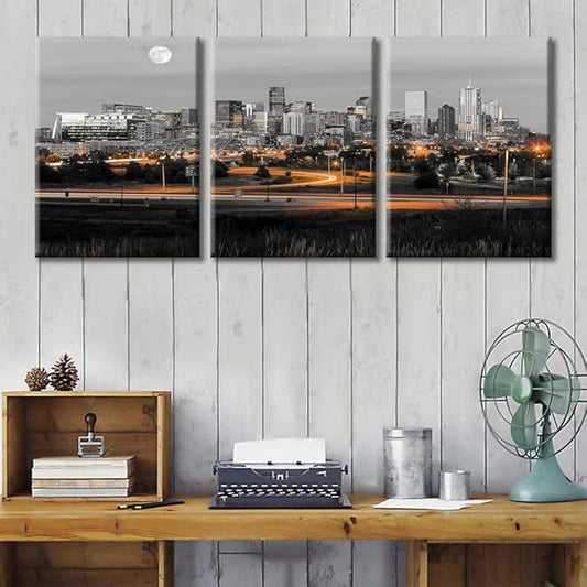 TUMOVO 3 Panel Denver Skyline Office Decor American Cityscape Pictures Black and White Wall Art Nighttime Skyscrapers Lightscape Artwork Posters and Prints Framed Ready to Hang (36" Wx16 H)