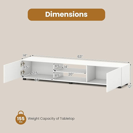 Tangkula Modern TV Stand for up to 70” TVs, 63”L Minimalist Entertainment Center w/ 2 Doors & Open Shelves, Media Console Table Storage Cabinet with 6 Support Feet for Living Room (White, 63”L)