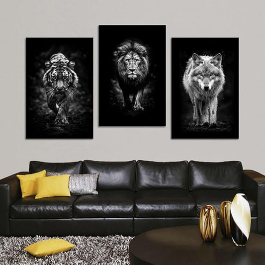 Black and White 3 Panles Pianting Wall Art Modern Home Office Decoration Animals Pictures Wall Decor Lion Tiger Wolf Posters Canvas Prints Art Living Room Decor, Framed 24" Wx36 Hx3pcs