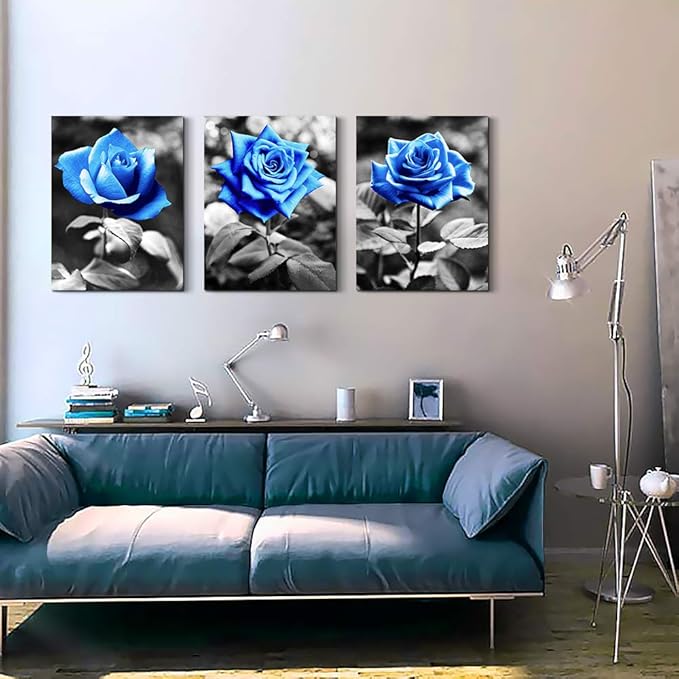Lapremoly Wall Art For Living Room Black And White Wall Decor For Bedroom Kitchen Family Pictures Artwork Blue Rose Flowers Large Framed Canvas Paintings Ready To Hang Modern Office Home Decoration