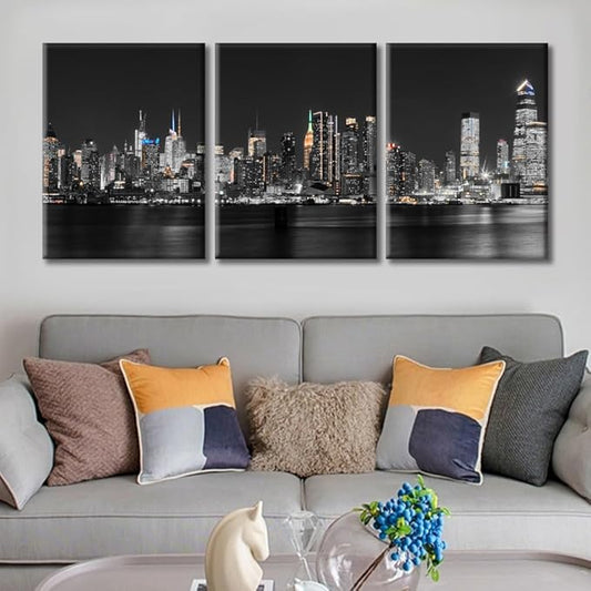 TUMOVO 3 Pieces Manhattan USA Skyline Canvas Paintings Office Decor Hudson River New York City NY USA Wall Decor City Skyline Wall Decor for Bedroom, Living Room.Ready to Hang (36" Wx16 H)