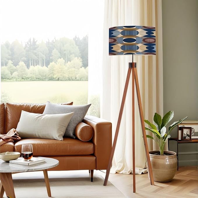 Wood Tripod Floor Lamp Abstract mid Century Seamless Mid Century Standing Lamp Linen Shade Dimmable Modern Tall lamp Home Decor for Living Room Bedroom Office