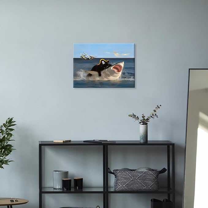 Shark Black Cat Canvas Wall Art,Framed Cat Wall Art, Quirky Pirate Cat Paintings, Whimsical Animal Paintings Wall Decor, Art Prints for Bathroom Living Room Bedroom Washroom,Ready To Hang 12x16 Inches.