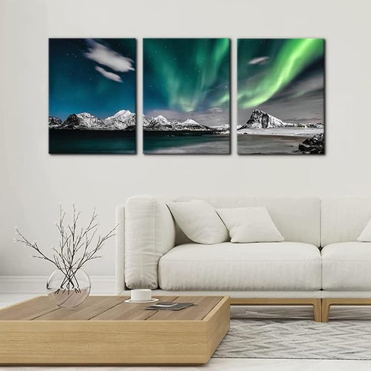 Pacimo Canvas Wall Art Aurora Scenery Painting for Living Room Decoration Natural Landscape Canvas Paintings 3 Piece Bedroom Home Office Decor Stretched Framed Ready to Hang - 12" x 16" x 3