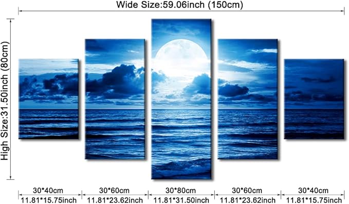 Pyradecor Blue Clouds Modern 5 Panels Moon Sea Beach Canvas Wall Art Large Gallery Wrapped Landscape Giclee Canvas Prints Pictures Artwork Paintings for Living Room Bedroom Home Decorations L