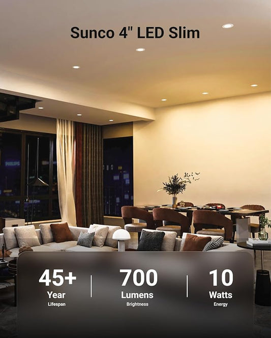 Sunco 12 Pack 4 Inch LED Recessed Lights, Slim Canless Ceiling Lighting, 650 LM, 10W (60W Equivalent), 3000K Warm White, Dimmable, Wafer Thin, Ultra Thin with Junction Box ETL.
