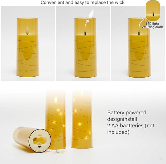 kakoya Flameless LED Candles with Timer 9 Pc Flickering Flameless Candles for Romantic Ambiance and Home Decoration Stable Acrylic Shell,with Embedded Star String,Battery Operated Candles(Gold)