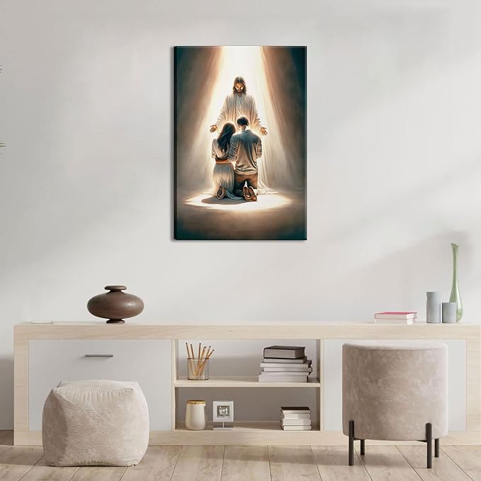 Jesus Blesses Couple Canvas Wall Art Couple Kneeling and Praying to Jesus Wall Decor Picture Christianity Jesus Christ Postre Print for Bedroom Living Room Church Prayer Room Artwork Home Decoration